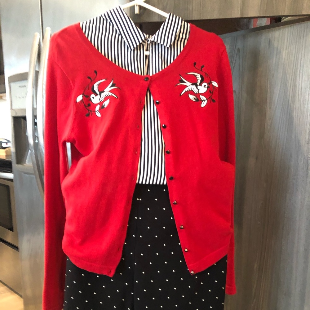 Sourpuss Red Cardigan with embroidered swallows